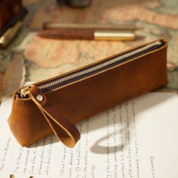 Bags New Crazy Horse Leather Zipper Pencil Case Handmade Cowhide Pencil Case Creative Fashion Stationery Retro Pen Storage Bag