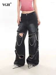 Women's Pants VGH Solid Hollow Out Patchwork Sequined Casual Jeans For Women High Waist Spliced Zipper Wide Leg Female Fashion Style
