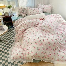 Bedding Sets Fresh Flower 4pcs Skin-Friendly Soft Comforter Bed Sheets Pillowcases Duvet Cover With Lace For Girls