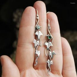Dangle Earrings Bohemia Vines Leaves Green Crystal Ethnic Jewelry Silver Color Plant Lvy Elven Hook For Women