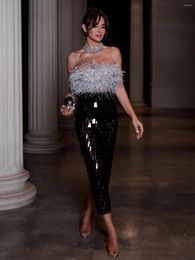 Work Dresses Two-piece Dress Ostrich Feather Tops High Waist Tassle Skirts Sets Prom Gown 2024 Summer Sequins Bling Wedding Celebrity Robe