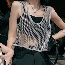 Designer Women Sexy Halter Party Sexy see-through tank top with mesh cut-outs and rhinestones heavy duty hot diamond hollow short vest new sexy light luxury net t shirt