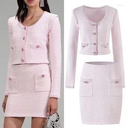 Work Dresses Autumn And Winter Pink Knitted Round Neck Short Fashion High Waist Slim Skirt Set