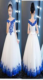 Royal Blue Lace White Tulle Flower Girls Dresses For Wedding Party Ball Gown Off the shoulder Backless Cheap First Communion Dress7784182