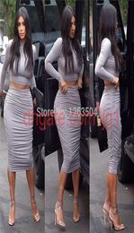 WholeSexy Kim Kardashian Grey Two Piece Pencil Dress Crop Top Dress Set Bodycon Dress Celebrity Dresses TCD0542479414