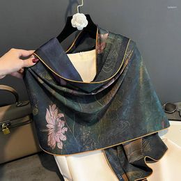 Scarves Women's Chinese Style Retro High-end Fragrant Cloud Gauze Lotus Flower Print Double-sided Dual Colour Long Scarf Shawl