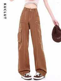 Women's Jeans KUCLUT Cargo Pants For Women Denim Chic Pockets Brown High Street Straight Korean Fashion Waisted Trouser