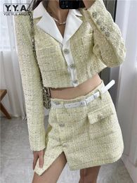 Work Dresses Sexy Women Sequins Spliced Collar Short Jacket Mini Skirt Two Piece Set Slim Fit Diamond Tweed Suit Night Clubwear Party