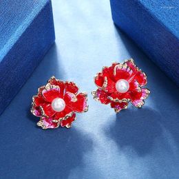 Stud Earrings Vintage Enamel Flower Pearl Ear Studs Jewelry Chinese Peony S925 Silver Needle Earwear Women Accessories