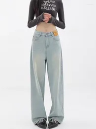 Women's Jeans Mill White Design Wide Leg Cool Girl High Waisted Wash Blue Baggy Pants Female Casual Thin Denim Trousers