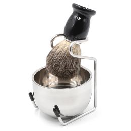 Brush 22mm Knot 3in1 Shaving Brush Set, Badger Hair Wood Handle, Stainless Steel Bowl Mug, for Men Wet Shave Kit Gift