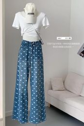 Women's Jeans 2024 Design High Waist Print Oversized Blue Wide Leg Pants Fashion Grunge Tide Baggy Denim Trouser Streetwear Hiphop