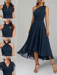 Aline One Shoulder Asymmetrical Chiffon Bridesmaid Dresses Tea Length Infinity Formal Wedding Guest Dress VNeck Cocktail 240401