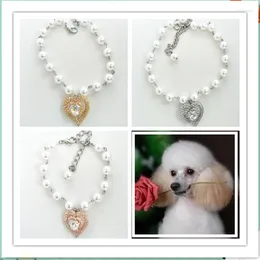 Dog Apparel Small Cats And Dogs Accessoires Pet Rhinestone Necklace Collar Imitation Pearls Love Heart Pendant Puppy Jewelry S/M/L