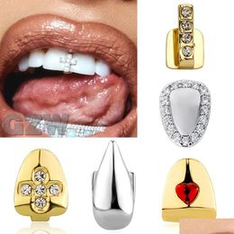 Grillz Dental Grills 18K Gold Single Braces Punk Hip Hop Cz Cubic Zirconia Cross Teeth Mouth Fang Tooth Cap Cosplay Halloween Party Va Otlfz