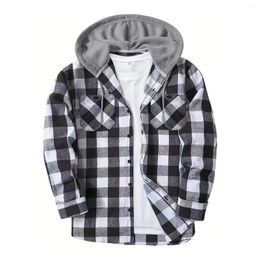 Men's Hoodies Plaid Long Sleeved Hooded Shirt With Button Work Drawstring Casual Top Cardigan Sweatsuit Street Clothing Jacket Hoodie