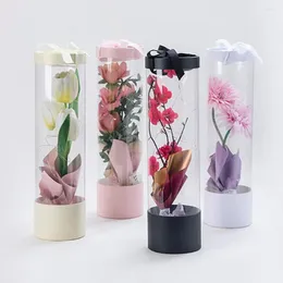 Gift Wrap Flower Bouquet Packaging Box Cylinder Clear Flowers Display With Lanyard For Present Boxes