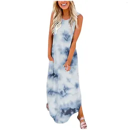 Casual Dresses 2024 Ladies Tank Long Dress Women O-Neck Sleeveless Bohemian Beach Maxi Female Pockets Printed Vest