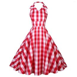 Casual Dresses Vintage Women's Plaid Print Halter Neck Cocktail Party Long Ladies Sexy High Waist Dress Ruffles Robe Femme