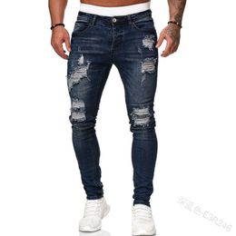 Cross Border European and American Emblem Embroidered Men's Jeans with Knee Tears Zipper Small Feet Pants Foreign Trade Large Size Denim Pants Purple Jeans 709