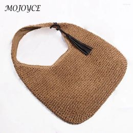 Drawstring Women Crochet Beach Handbag Large Capacity Weaving Travel Solid Colour Retro Straw Ladies Summer Daily Bag