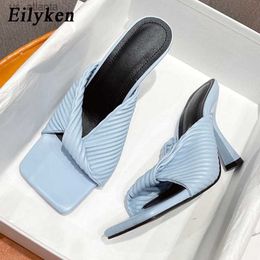 Dress Shoes Sexy High Heels Slippers Woman Fashion Design Square Toe Pleated Ladies Sandals Banquet Summer Shoe H240403VCVK