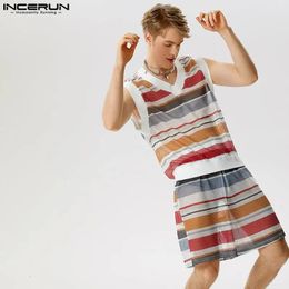 INCERUN Men Striped Sets Mesh Transparent Streetwear V Neck Sleeveless Tank Tops Shorts 2PCS 2023 Fashion Casual Mens Suits 240326