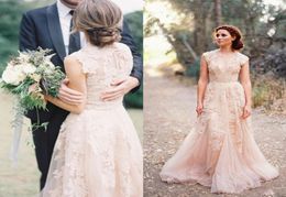 New Country Blush Pink Bohemian A Line Wedding Dresses Deep V Neck Tulle Applique Lace Boho Bridal Gowns Sweep Train Wedding Dress2728931