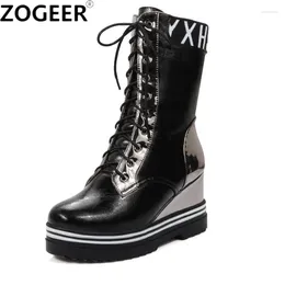Boots Wedges Women's Platform Winter Shoes Female Lace Up Red Ankle Fashion Height Increasing Casual Black Woman
