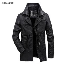 Aolamegs Leather Jacket Men Slim Warm Plus velvet Leather Long Trench coat 2017 Autumn Winter Moto Biker Jackets Outerwear parka3242162