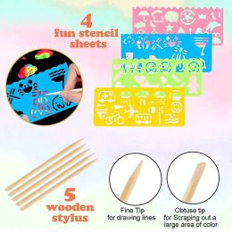 16/60Pcs Scratch Paper Kids Rainbow Magic Scratch Off Paper Sheets Art Craft Kit Black Note Paper Drawing Pads with Stencils