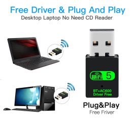 USB WiFi Adapte 600Mbps Bluetooth 5.0 2-in-1 Dongle Dual Band 2.4G&5GHz USB WiFi 5 Free Driver Notebook PC Universal