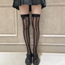 Japanese Style Ultra Thin Sheer Thigh High Socks Vertical Stripes JK Uniform Bowknot Over Knee Long Stockings for Women