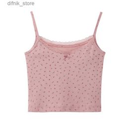 Women's Tanks Camis Womens floral printed vest sleeveless T-shirt lace decorated front crop top Y240403