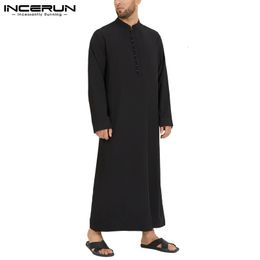 INCERUN Muslim Men Jubba Thobe Kaftan Solid Colour Long Sleeve Fashion Thin Robes Stand Collar Islamic Arabic Men Caftan S-5XL 240328