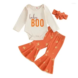 Clothing Sets Born Baby Girl Halloween Outfit Long Sleeve Letter Print Romper Flower Pattern Flare Pants With Headband