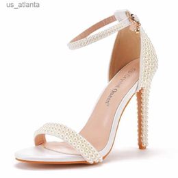 Dress Shoes Wedding Party Sandals Women Pearl Decoration Buckle Strap 9.5CM Thin Heels Cover Heel Bridesmaid White Stiletto H240403