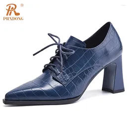 Dress Shoes PRXDONG Classics Genuine Leather Woman Pumps High Heels Pointed Toe Black Blue Party Female Big Size 33-40