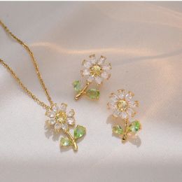Crystal Metal Jewellery Set Sunflower Little Daisy Pendant Necklace Earrings Luxury Women's Plating Gold and Silver Clover