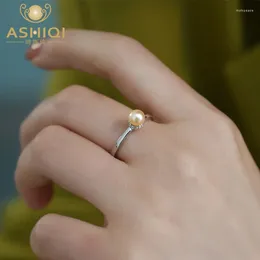 Cluster Rings ASHIQI Natural Freshwater Pearl 925 Sterling Silver Glitter Diamond Ring Fashion Jewellery For Women Gift