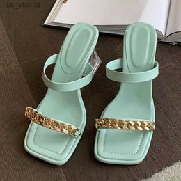 Dress Shoes Transparent Chunky Heels Mules Slippers Ladies Fashion Metal Chain Design Sandals For Women Open Toe Gladiator Slides H240403E0IO