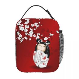 Kokeshi Doll Red Black White Cherry Blossoms Insulated Lunch Bag Japanese Girl Art Food Box Cooler Thermal Lunch Box School 240320