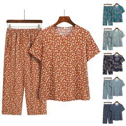 Home Clothing Ladies Pajamas Suit Elegant Floral Print Set For Women With Wide Leg Trousers Short Sleeve T-shirt Mid-aged