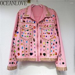 Women's Jackets OCEANLOVE Beading Pink Denim For Women Vintage Spring Autumn Chaquetas Korean Fashion Loose Solid Ropa De Mujer