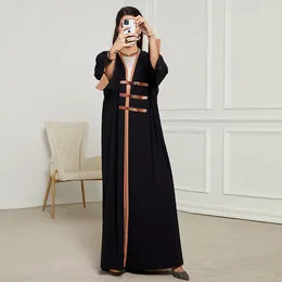 Ethnic Clothing Elegant Leather Buckle Abaya Muslim Dress Full Length Dubai Female Split Sleeve Soft Islamic Islam Robe Dropshiping