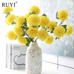 Decorative Flowers 6 Heads Big Chrysanthemum Artificial Silk Flower Dandelion Ball Bouquet Home Room Decor Accessories Wedding Floral