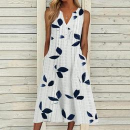 Casual Dresses Women's Summer Fashion Sleeveless Dress Leaf Printed V Neck Loose Comfortable Beach Sundress With Pockets