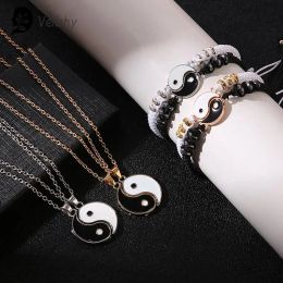 2Pcs Tai Chi Yin Yang Couple Bracelets Necklaces Set Pendant Adjustable Braid Chain Bracelet Matching Lover Bracelets Choker