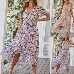 Casual Dresses Summer Women'S Floral Print Bohemian Dress V Neck Ruffle Belted A Line Flowy Maxi Elegant Female Short Sleeve Tunic