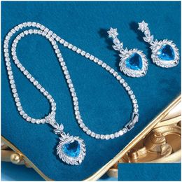 Earrings Necklace Sparkling Wedding Designer Jewellery Set Heart Tennis Earring African Sets Blue Green Aaa Zirconia Woman Diamond N Dhxz1